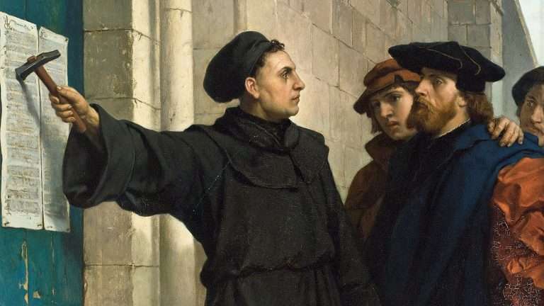 Painting depicting Martin Luther posting the Ninety-Five Theses on a church door