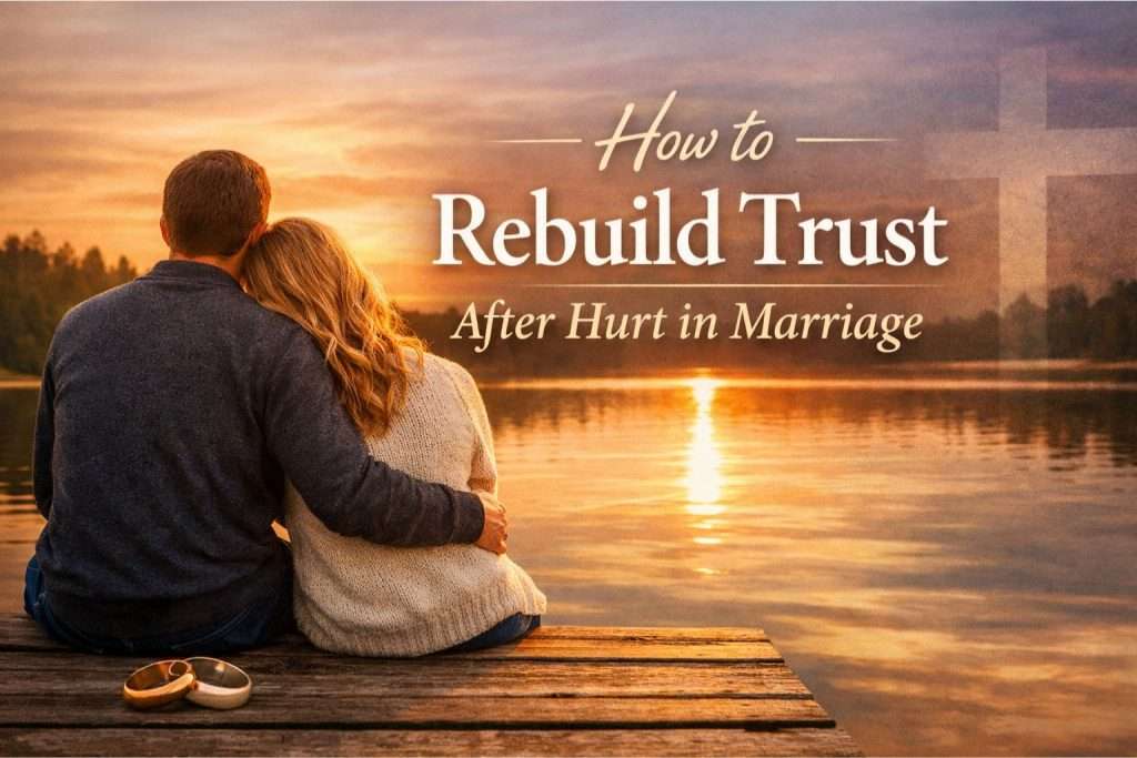 Christian couple embracing at sunset with text reading “How to Rebuild Trust After Hurt in Marriage”