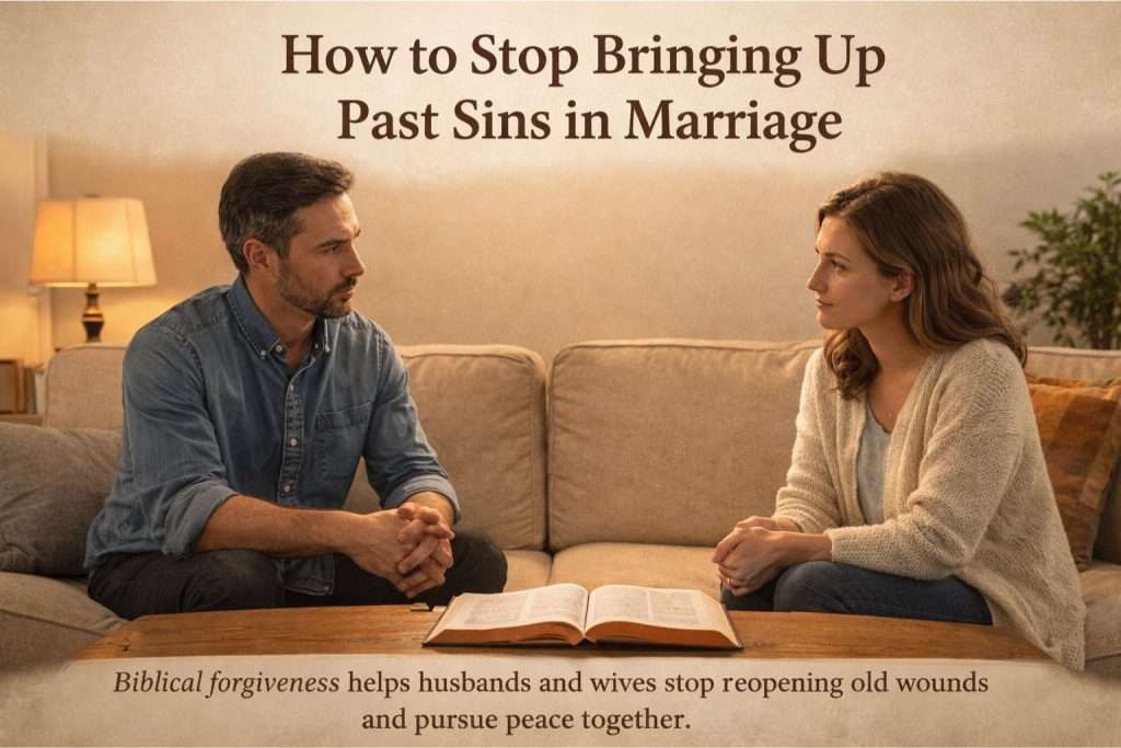 Christian husband and wife working through past hurts in marriage with a Bible nearby