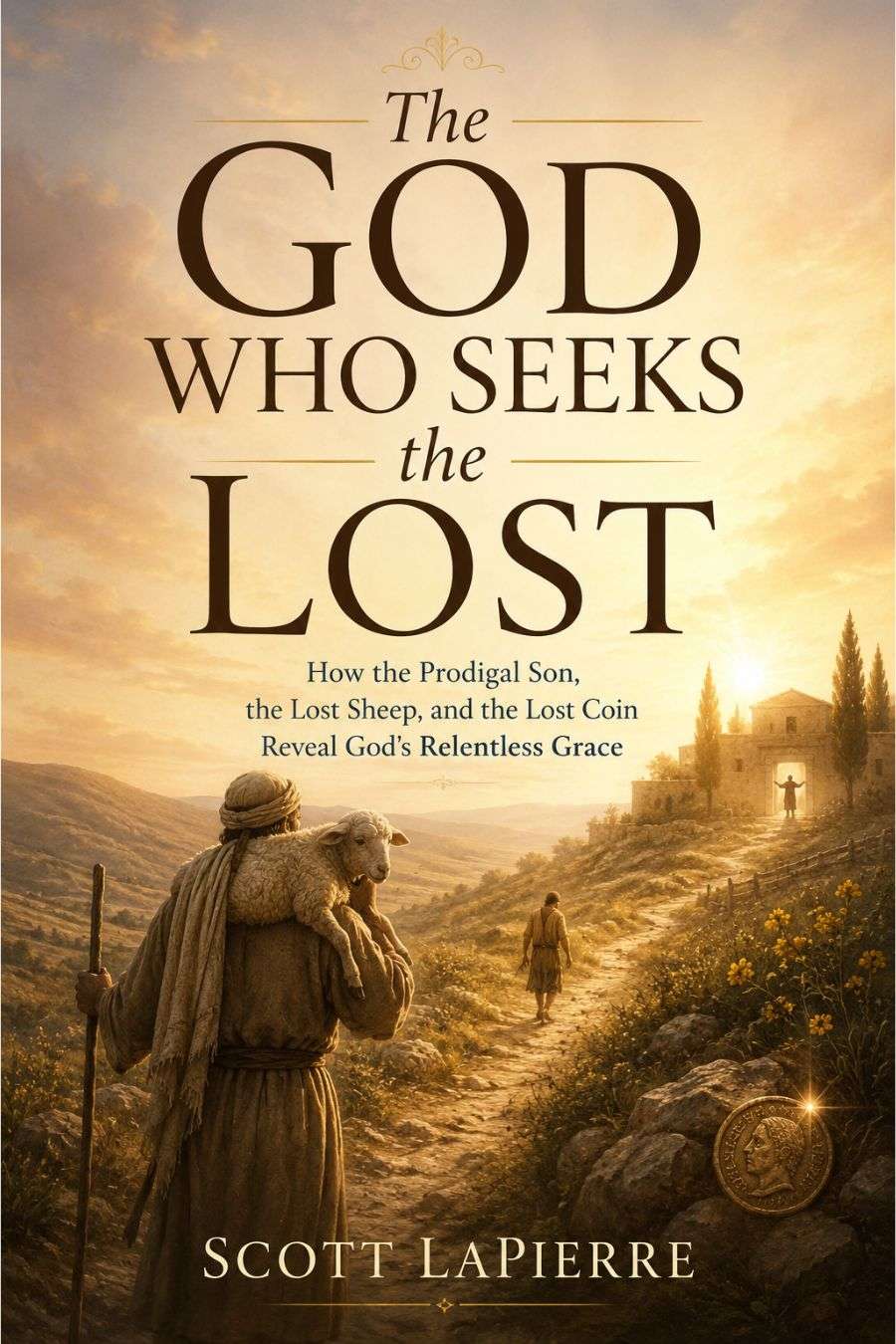 The God Who Seeks the Lost by Scott LaPierre: the approved book cover showing a shepherd carrying a sheep and a son returning home