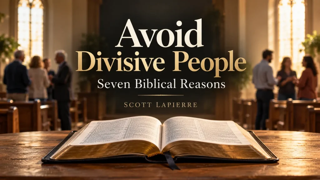 An open Bible in a church with congregants standing apart, with the title “Avoid Divisive People: Seven Biblical Reasons” by Scott LaPierre.
