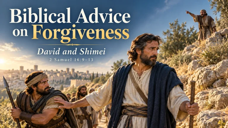 Illustration of David restraining a companion while Shimei curses from a hillside, with the title Biblical Advice on Forgiveness.