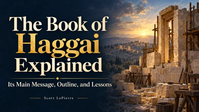 The Book of Haggai Explained: Its Main Message, Outline, and Lessons, with an illustration of the temple being rebuilt in Jerusalem.