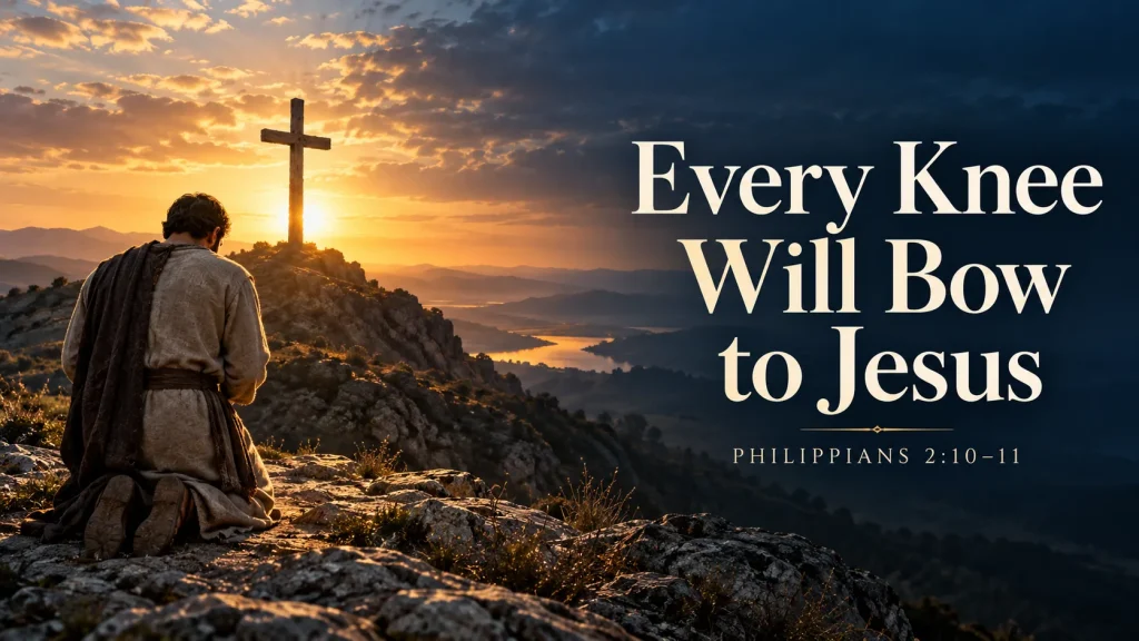 Illustration of a man kneeling before a distant cross at sunrise, with the title Every Knee Will Bow to Jesus, Philippians 2:10–11.