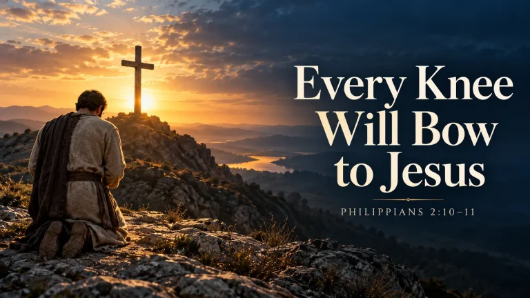 Illustration of a man kneeling before a distant cross at sunrise, with the title Every Knee Will Bow to Jesus, Philippians 2:10–11.