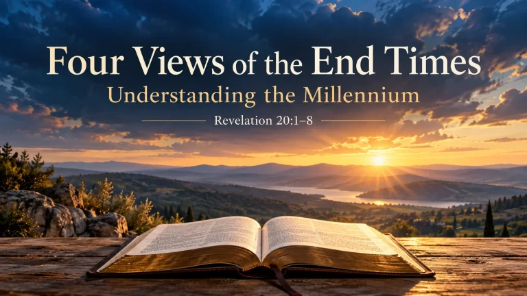 Illustration of an open Bible before hills at dawn, titled Four Views of the End Times, with Revelation 20:1–8.
