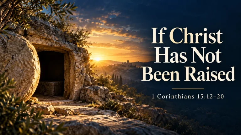 Illustration of an empty stone tomb at sunrise with the title If Christ Has Not Been Raised, 1 Corinthians 15:12–20.