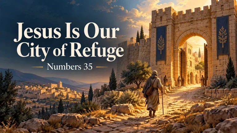 Illustration of a traveler approaching the warmly lit gate of an ancient city of refuge.