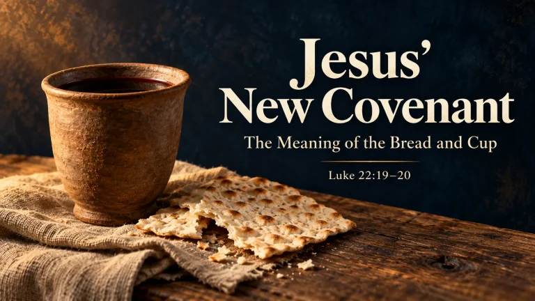 Illustration of unleavened bread and a cup of wine beside the title Jesus’ New Covenant.