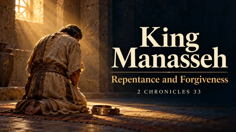 Illustration of King Manasseh kneeling in repentance, with a royal diadem beside him and the title King Manasseh: Repentance and Forgiveness.