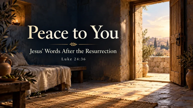 Illustration of warm light entering an ancient room beside the words Peace to You, Luke 24:36.
