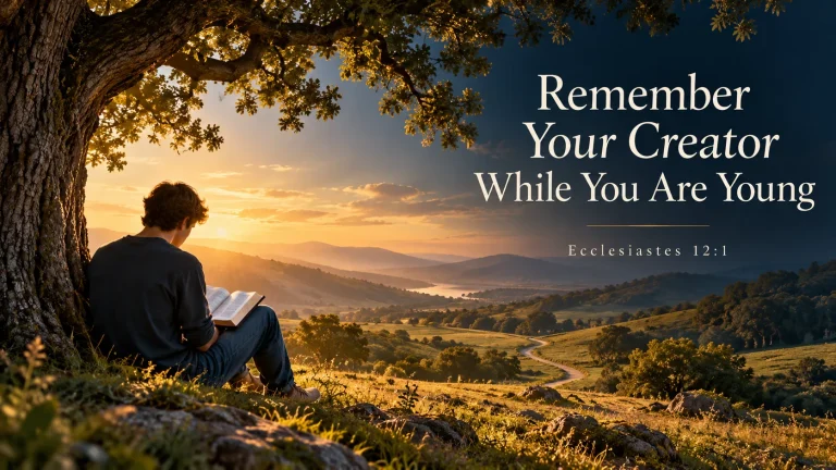 Illustration of a young adult reading the Bible beneath an oak tree at sunrise, with the title Remember Your Creator While You Are Young.