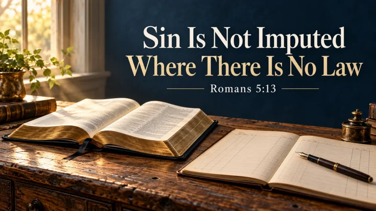 Illustration of an open Bible, ledger, and pen with the title Sin Is Not Imputed Where There Is No Law and Romans 5:13.