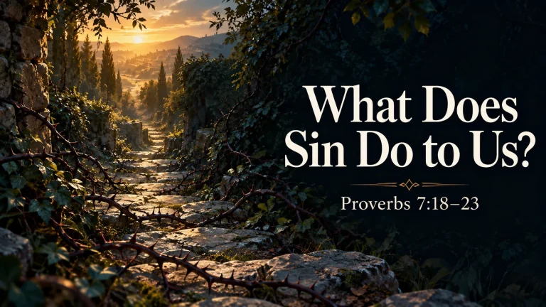 Illustration of a stone path crossed by thorny vines, with the title What Does Sin Do to Us? and the reference Proverbs 7:18–23.
