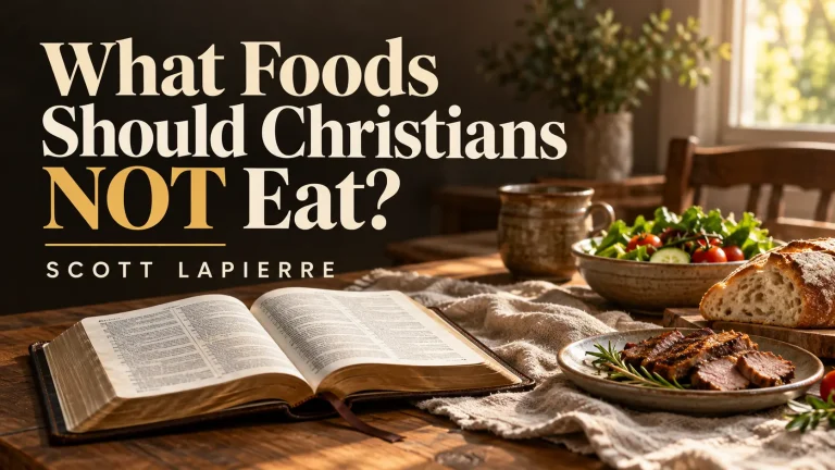 Open Bible beside a meal, with the title “What Foods Should Christians NOT Eat?” by Scott LaPierre.