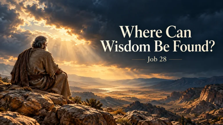 Illustration of Job seated on a rock beneath a clearing storm, with the title Where Can Wisdom Be Found? and the reference Job 28.