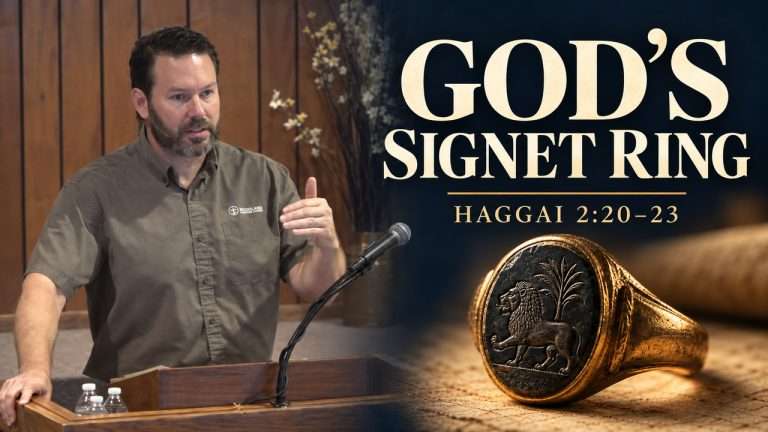 Pastor Scott LaPierre preaching about Zerubbabel as God’s signet ring in Haggai 2:20–23, beside an ancient signet ring.