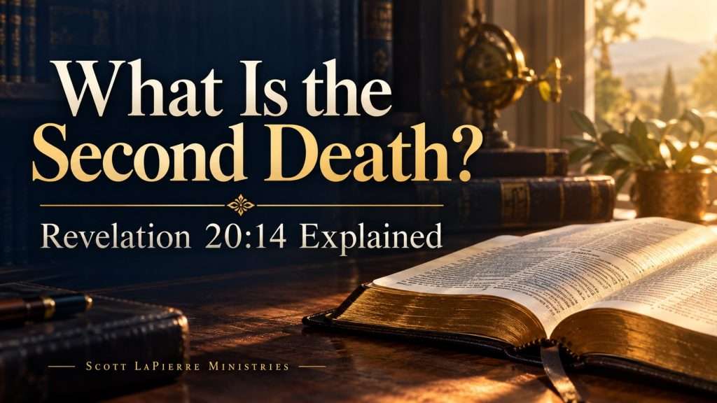 An open Bible in a sunlit study with the title “What Is the Second Death? Revelation 20:14 Explained.”