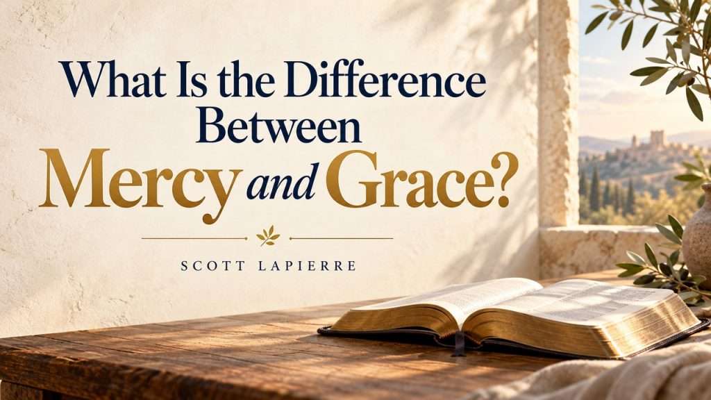 What Is the Difference Between Mercy and Grace? by Scott LaPierre, with an open Bible.